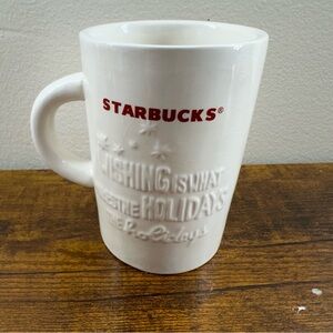 STARBUCKS 2010 Embossed Holiday WISHING White Coffee Mug Cup Red Logo 10 Ounce